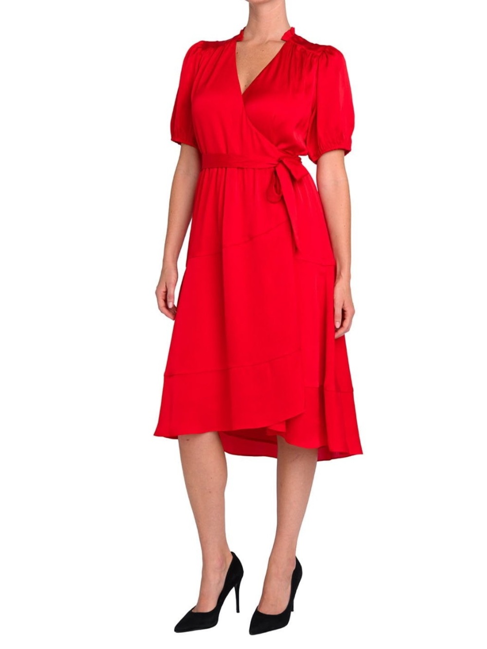 Draper James Red Wrap Midi Dress Ruffle Neck Tie Waist 1X